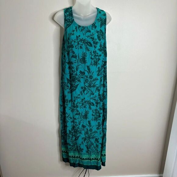 Y2K vintage R & K 90s Blue Teal Maxi floral print Dress sleeveless size 10 boho - Picture 1 of 6